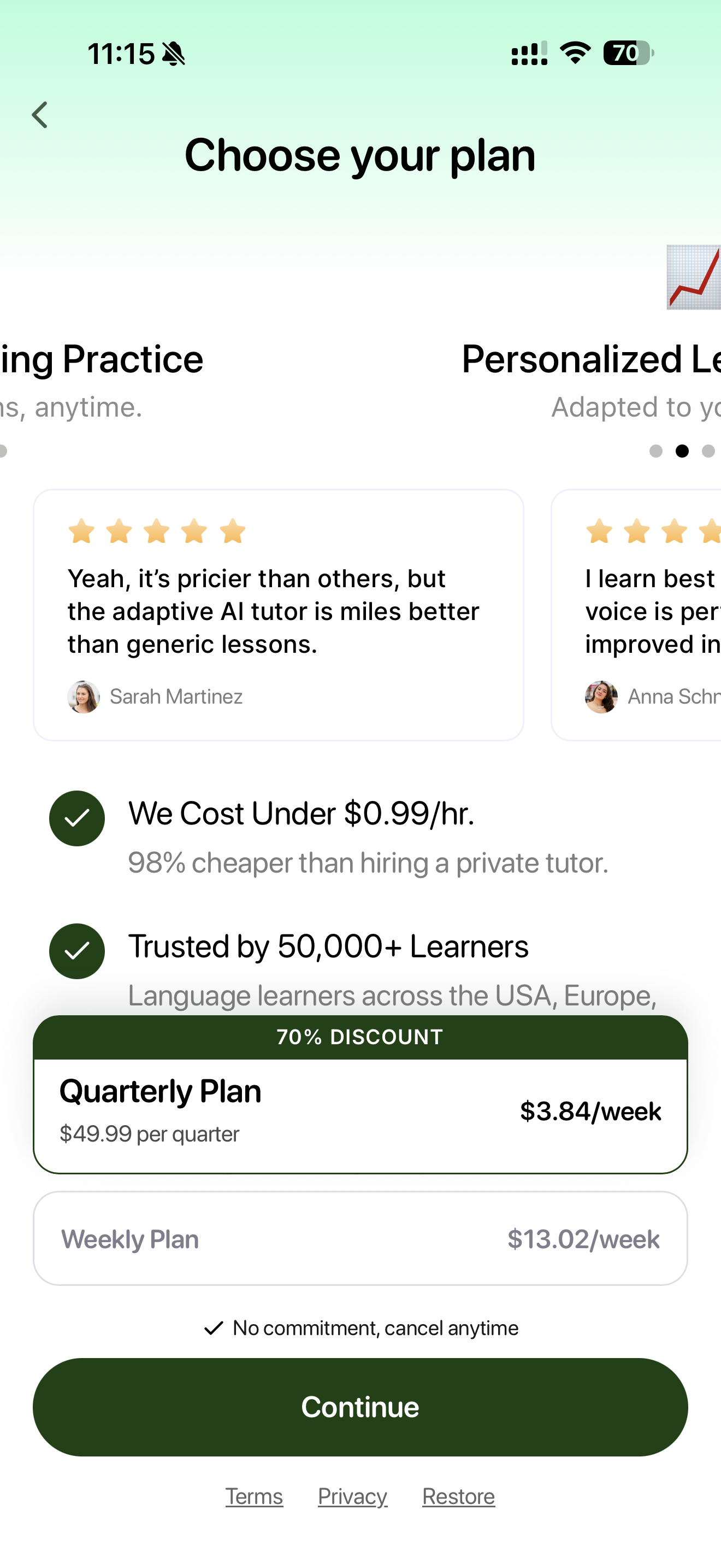 Lingotok paywall showing a weekly plan at $13.02 per week and a quarterly plan at $49.99